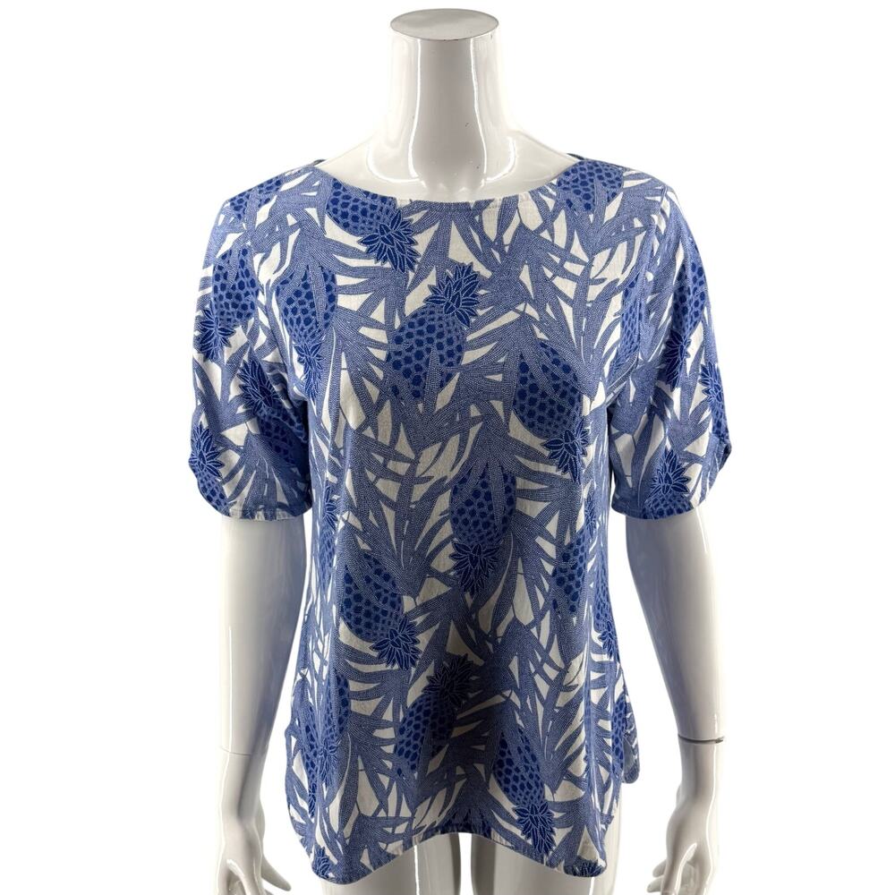 Chicos Womens Top Size 2 / US Large Blue White Half Sleeve Pineapple Print Tee